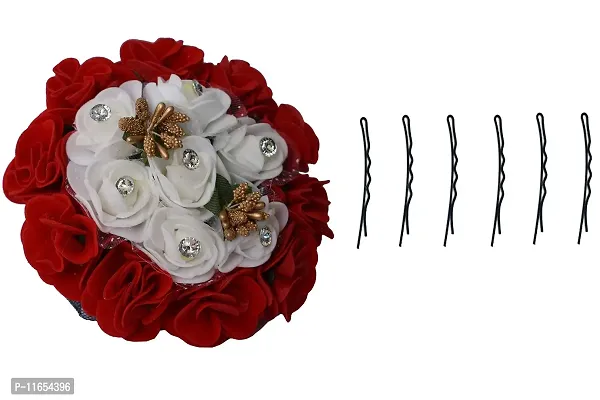 GadinFashion? Flower Gajra with 06 Bob pins Flower Gajra Hair Accessories For Women and Girls Red & White Color-thumb0