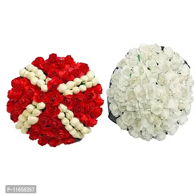 GadinFashion? Full Juda Bun Hair Flower Gajra Combo for Wedding and Parties (Red&White) Color Pack of 2
