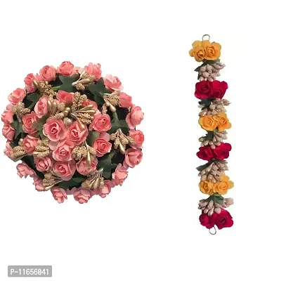 GadinFashion? Full Pink Juda Bun Hair Flower Artificial flower gajra and Multi Color Artificial flower gajra Combo for Wedding and Party-thumb0