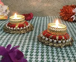 Gadinfashion? Decorative Diya Tealight Candle Holder/Diwali Diya, for Home Decoration/Gifting/Set of 4 (Red Color) Iron Tealight Holder Set (Red, Gold, Pack of 4)-thumb1