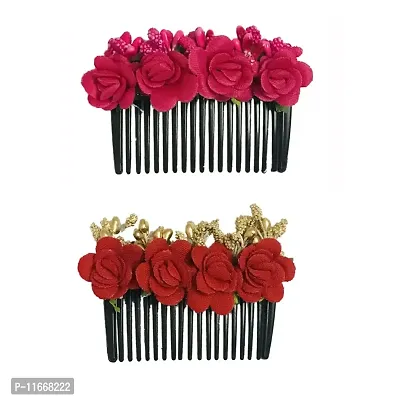 Gadinfashion? Artificial Flower Hair Side Comb, Juda Comb, Hair Accessories for Women & Girls, Rani Pink & Red Pack_02-thumb0