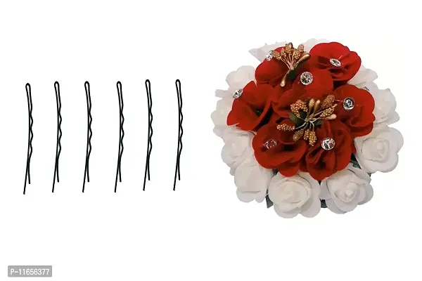 GadinFashion? Flower Gajra with 06 Bob pins Flower Gajra Hair Accessories For Women and Girls White & Red Color