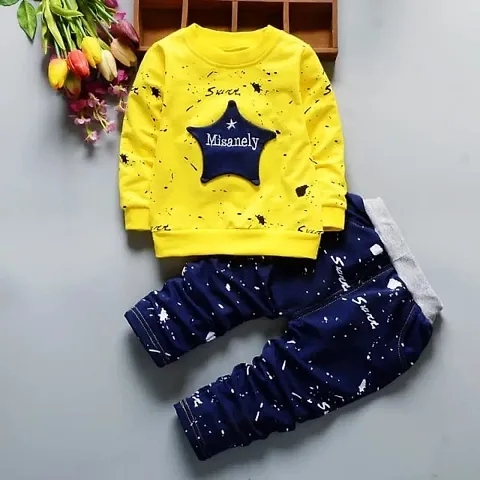 Bold N Elegant Full Sleeve Star Patch Cotton Tshirt and Jogger Denim Pant Set for Infant Toddler Baby Boys n Girls (Yellow, 4-5 Years)