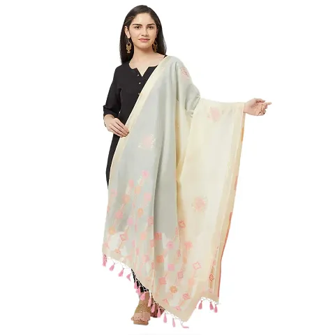 Faserz Women's Woven Matka Silk Jamdani Dupatta (Cream and Pink, 2.30 x 0.90 Meters)