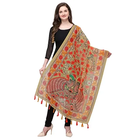 Faserz Kalamkari Digital Print Chanderi Silk Dupatta For Women (FZ-CHN-42, Length:2.30 Mts, Width: 36 Inch) (Beige)