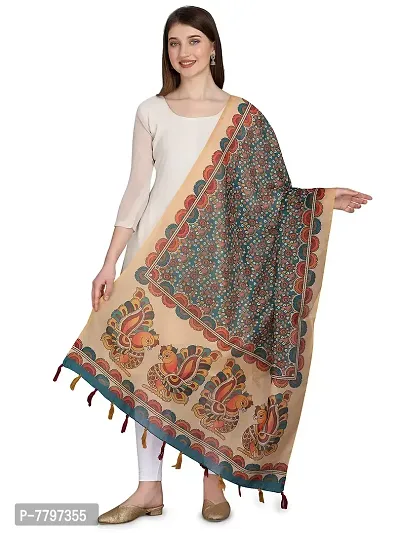 Faserz Women's Kalamkari and Floral Digital Printed Chanderi Silk Dupatta (FZ-CHN-55_Beige_Green_Length - 2.30 Mts_Width - 36 inch)