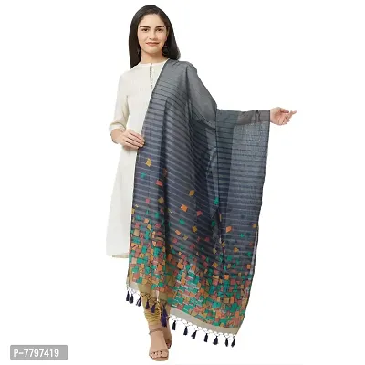 Faserz Woven Matka Silk Jamdani dupatta Women's chunni (Dark Blue, Dark Grey_2.30 * 0.90 mts)-thumb0