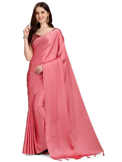 Faserz Women's Plain Soft Satin Silk Tassels Pallu Saree With Art Silk Digital Floral Printed Unstitched Blouse