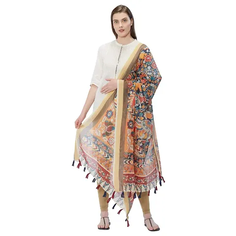 Faserz Traditional Kalamkari Print Designer Chanderi Silk Dupatta for Women With Tassels (GN-RSM-43, Length:2.30 Mts, Width - 36inch)