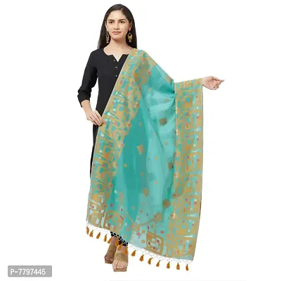 Faserz Women's Woven Matka Silk Jamdani Dupatta (FZ-JMD-11, Sea Green and Dull Gold, 2.30 x 0.90 Meters)-thumb0