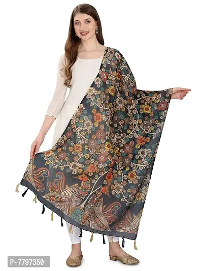 Faserz Navy Blue Color Kalamkari and Floral Digital Printed Chanderi Silk Dupatta For Women (FZ-CHN-54_Navy Blue_Green_Length - 2.30 Mts_Width - 36 inch)-thumb0