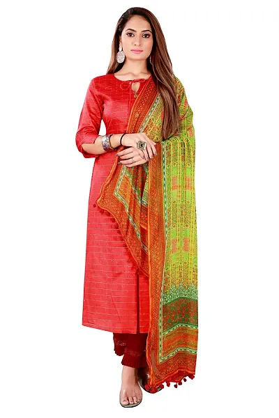 Faserz Women's Kalamkari and Floral Chiffon Dupatta With Tassels (FZ-CHF-01_Light Green_Red_Length - 2.30 Mts_Width - 40 inch)