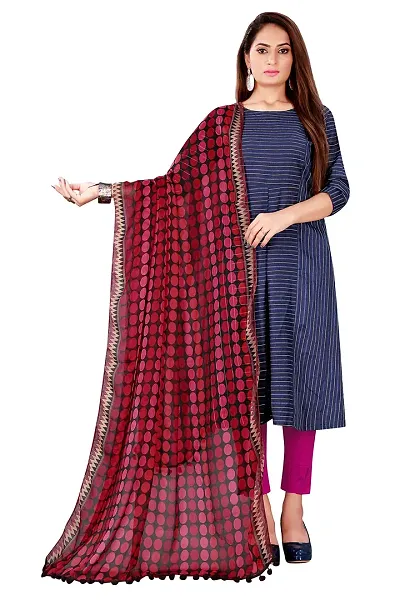 Faserz Women's Kalamkari and Floral Chiffon Dupatta With Tassels (FZ-CHF-05_Maroon_Black_Length - 2.30 Mts_Width - 40 inch)