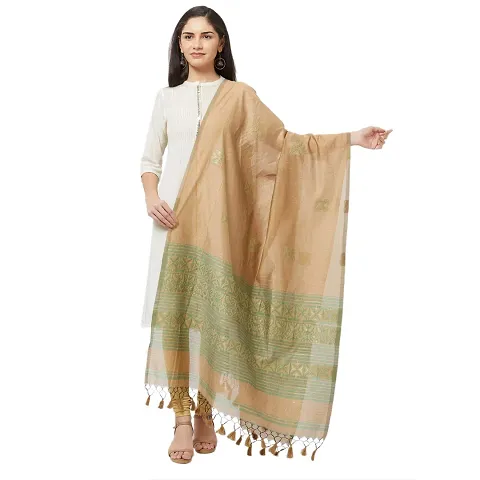 Faserz Woven Matka Silk Jamdani dupatta Women's chunni (Beige, Green_2.30 * 0.90 mts)