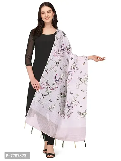 Faserz White and Pink Color Floral Bird Printed with Woven Zari lines and Zari Pallu Cotton Silk Dupatta For Women (FZ-SLK-DP-2_White_Pink_Length - 2.30 Mts_Width - 36 inch)