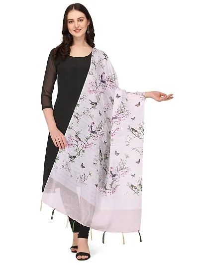 Faserz and Color Floral Bird with Woven Zari lines and Zari Pallu Silk Dupatta For Women (FZ-SLK-DP-2_White_Pink_Length - 2.30 Mts_Width - 36 inch)