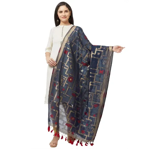 Faserz Woven Matka Silk Jamdani dupatta Women's chunni (Navy Blue_2.30 * 0.90 mts)