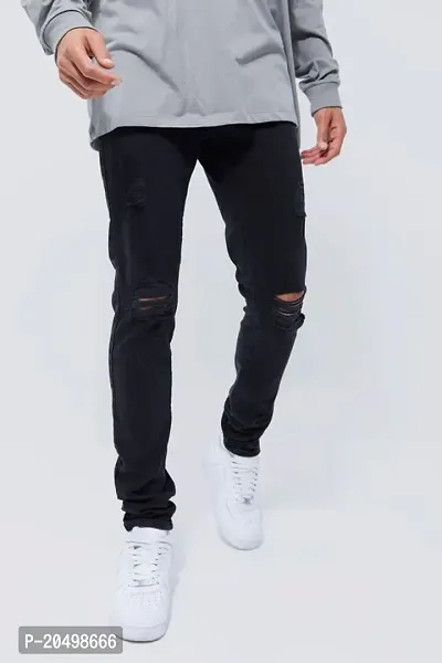Men Black Carrot Slim Fit Mid-Rise Slash Knee Stretchable Jeans-thumb0
