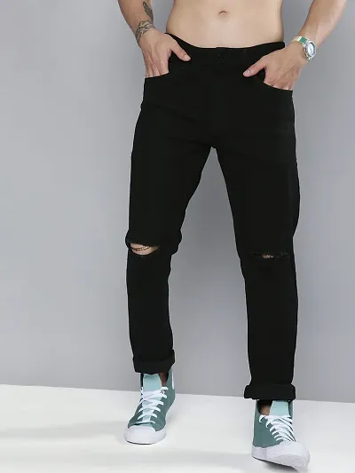 Men Black Carrot Slim Fit Mid-Rise Slash Knee Stretchable Jeans