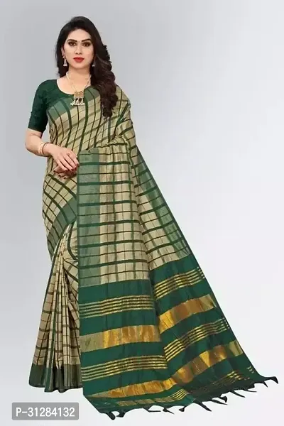 Stylish Cotton Green Checked Saree with Blouse Piece For Women-thumb0