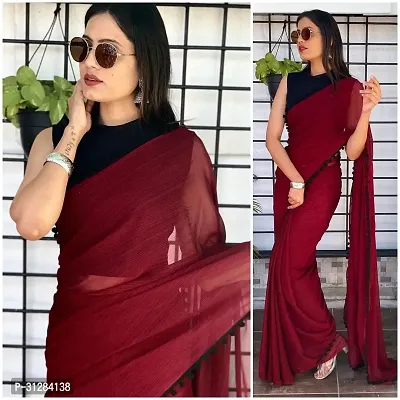 Stylish Georgette Red Solid Saree with Blouse Piece For Women