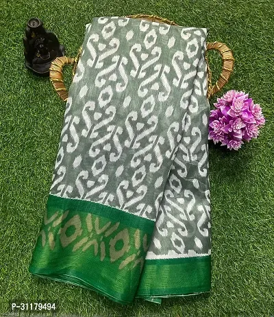 Elegant Green Cotton Blend Saree with Blouse piece For Women-thumb0