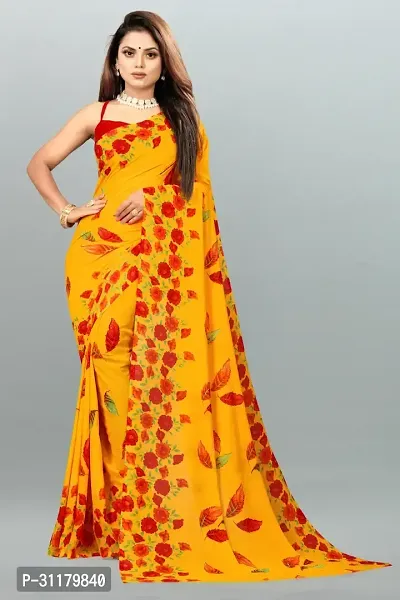 Elegant Yellow Georgette Saree with Blouse piece For Women-thumb0