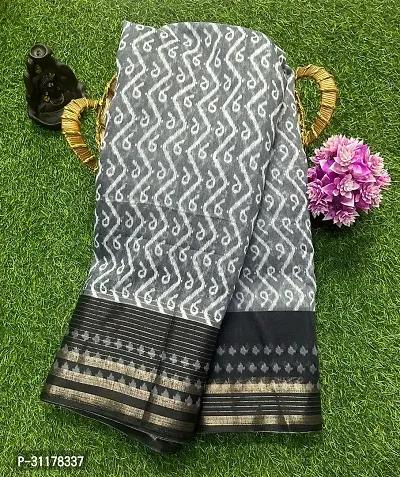 Stylish Cotton Blend Grey Printed Saree with Blouse piece For Women-thumb0