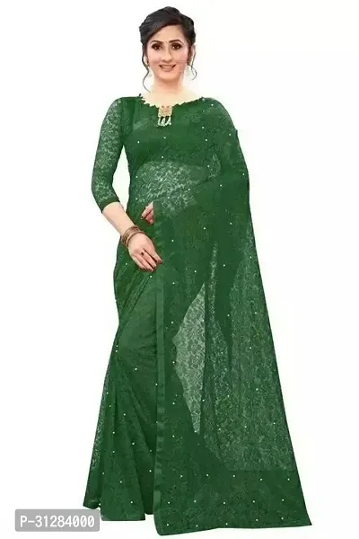 Stylish Net Green Self Pattern Saree with Blouse Piece For Women-thumb0