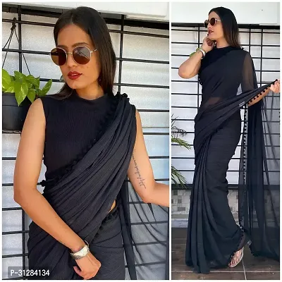 Stylish Georgette Black Solid Saree with Blouse Piece For Women-thumb0