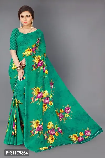 Elegant Teal Georgette Saree with Blouse piece For Women-thumb0