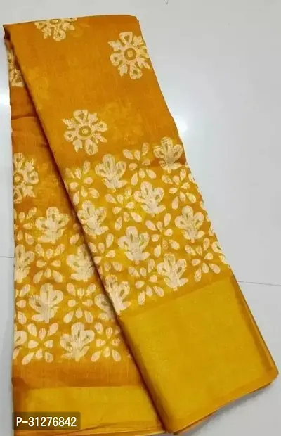 Stylish Cotton Yellow Printed Saree with Blouse Piece For Women-thumb0