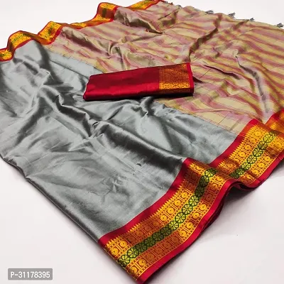 Stylish Cotton Silk Grey Jacquard Saree with Blouse piece For Women-thumb0