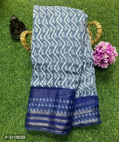 Stylish Cotton Blend Blue Printed Saree with Blouse piece For Women-thumb0