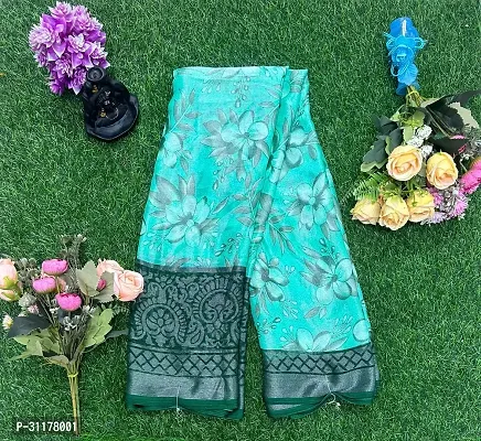 Stylish Chiffon Turquoise Printed Saree with Blouse piece For Women-thumb0