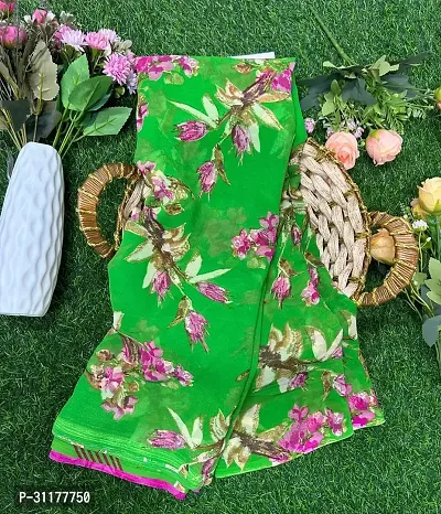 Stylish Georgette Green Printed Saree with Blouse piece For Women-thumb0