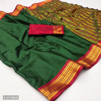 Stylish Cotton Silk Green Jacquard Saree with Blouse piece For Women-thumb0