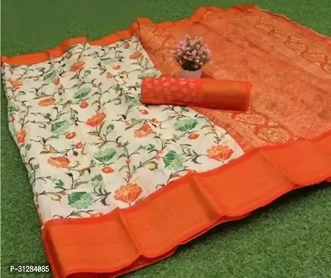 Stylish Cotton Orange Printed Saree with Blouse Piece For Women-thumb0