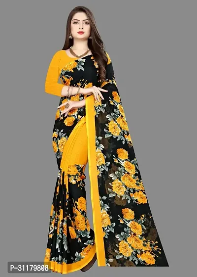 Elegant Yellow Georgette Saree with Blouse piece For Women-thumb0