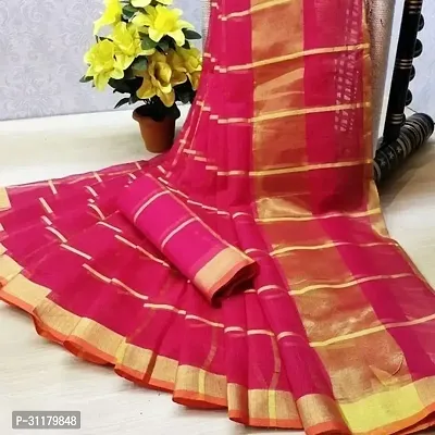 Elegant Pink Cotton Blend Saree with Blouse piece For Women-thumb0