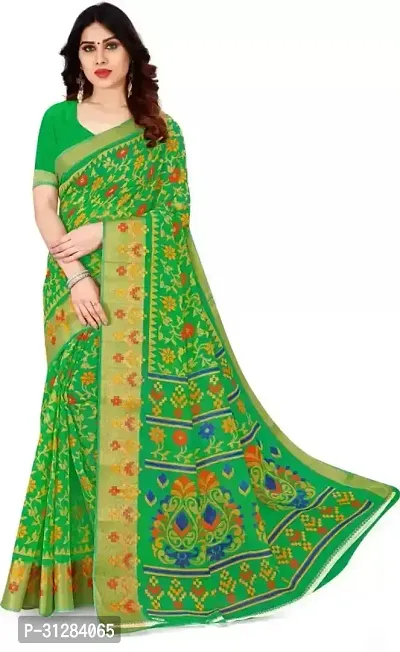 Stylish Cotton Green Printed Saree with Blouse Piece For Women-thumb0