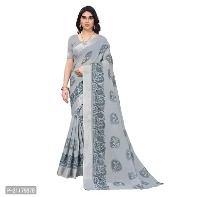 Elegant Grey Cotton Blend Saree with Blouse piece For Women-thumb0