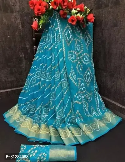 Stylish Cotton Blue Printed Saree with Blouse Piece For Women-thumb0