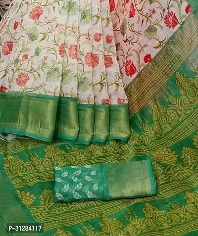 Stylish Cotton Green Printed Saree with Blouse Piece For Women-thumb0