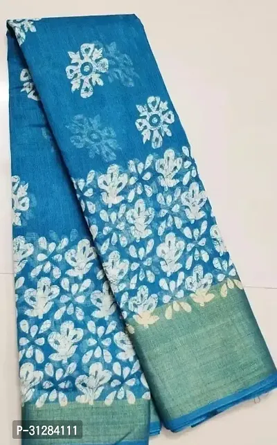 Stylish Cotton Blue Printed Saree with Blouse Piece For Women-thumb0