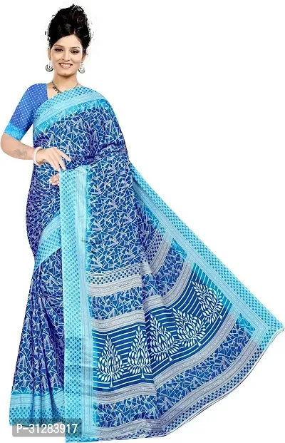 Stylish Crepe Blue Printed Saree with Blouse Piece For Women-thumb0