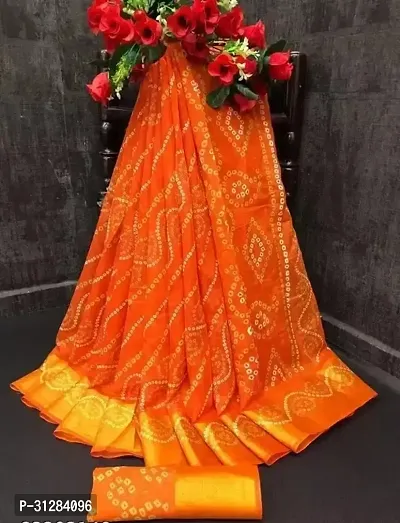 Stylish Cotton Orange Printed Saree with Blouse Piece For Women-thumb0