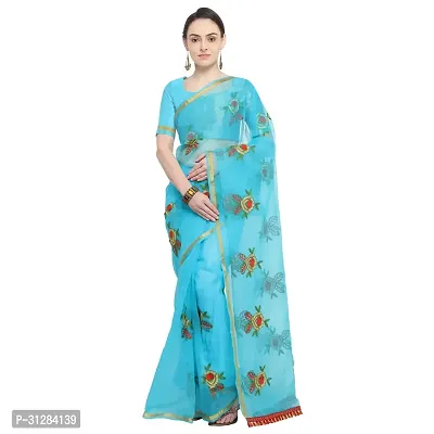 Stylish Organza Blue Embroidered Saree with Blouse Piece For Women-thumb0