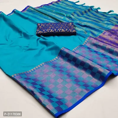 Stylish Cotton Silk Blue Jacquard Saree with Blouse piece For Women-thumb0