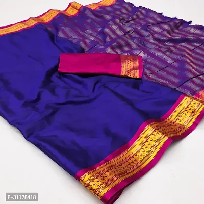 Stylish Cotton Silk Navy Blue Jacquard Saree with Blouse piece For Women-thumb0